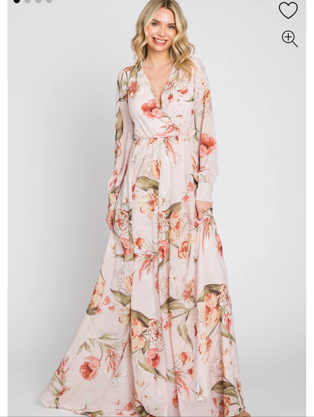 Light Pink Floral Chiffon Long Sleeve Maxi Dress | Pink Blush | Maternity Dress